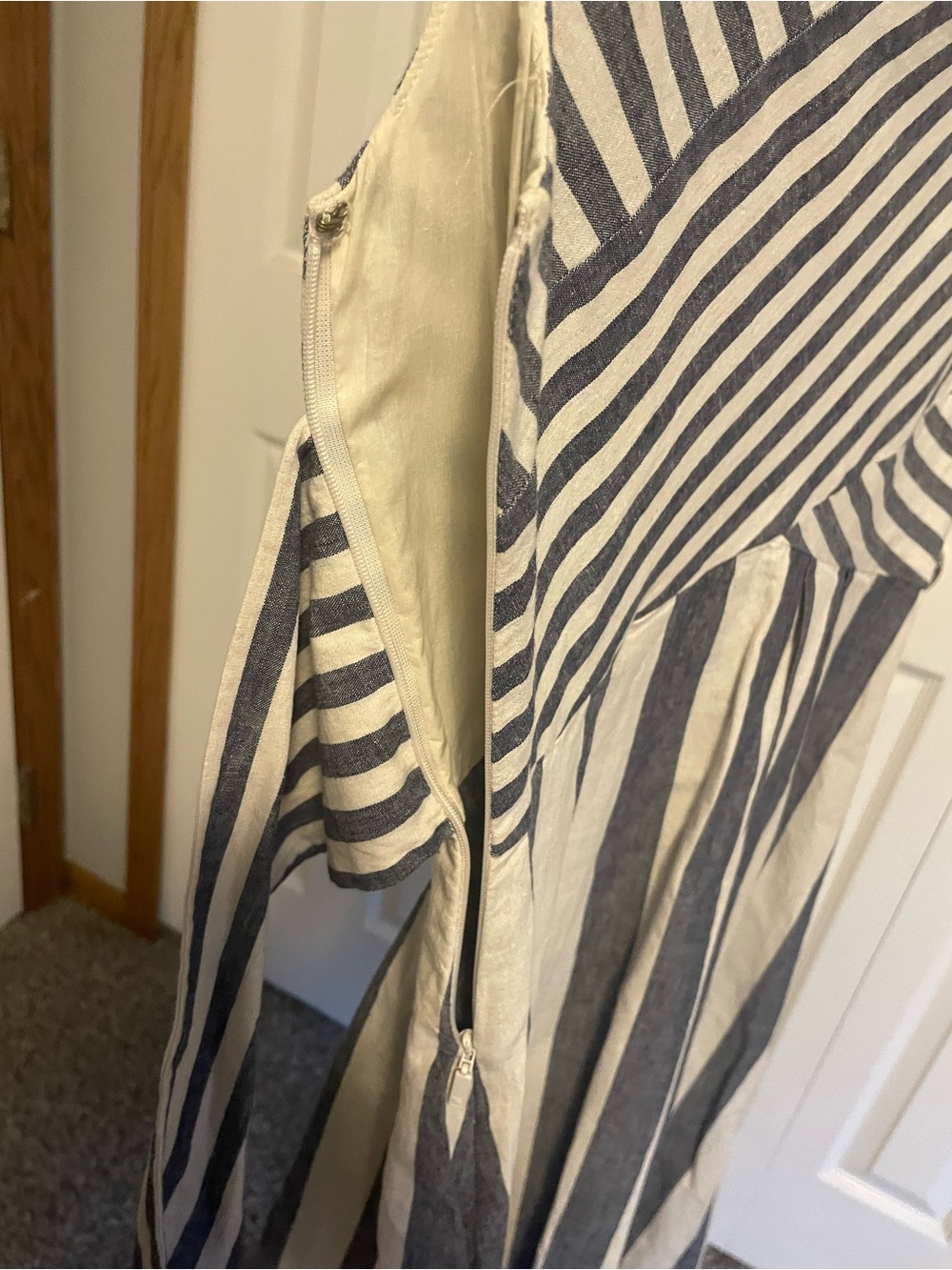 Lafayette 148 New York Navy and Cream Striped Wrap Midi Dress with Back Tie - Picture 3 of 4